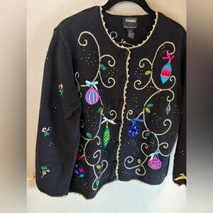 Festive  Sweater! Black with Colorful Appliqué Ornaments